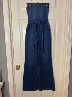 ALICE AND OLIVIA High-Waist Dark Blue Wide-Leg Denim Jeans with Self Tie Belt